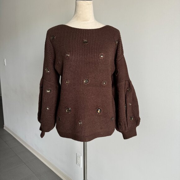 Peekskill Crystal Embellished Sweater in Mocha NWOT, Size M - Picture 3 of 15